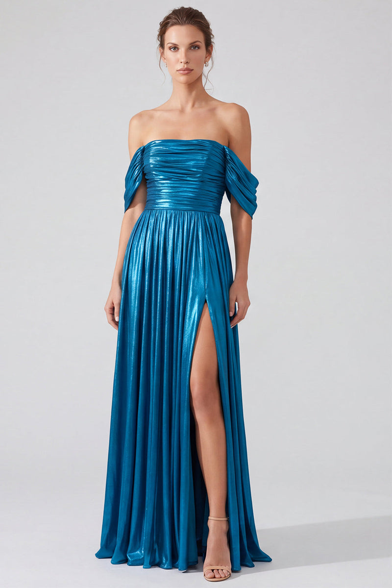 Laden Sie das Bild in den Galerie-Viewer, Schulterfreies Goldfarbenes Metallisches Gerafftes A-Linie Langes Festkleid mit Schlitz