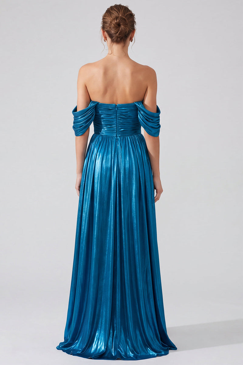 Laden Sie das Bild in den Galerie-Viewer, Schulterfreies Goldfarbenes Metallisches Gerafftes A-Linie Langes Festkleid mit Schlitz