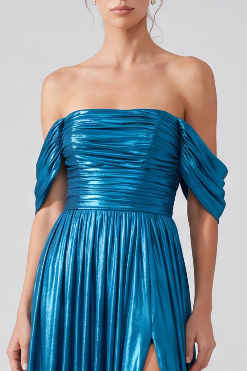 Laden Sie das Bild in den Galerie-Viewer, Schulterfreies Goldfarbenes Metallisches Gerafftes A-Linie Langes Festkleid mit Schlitz