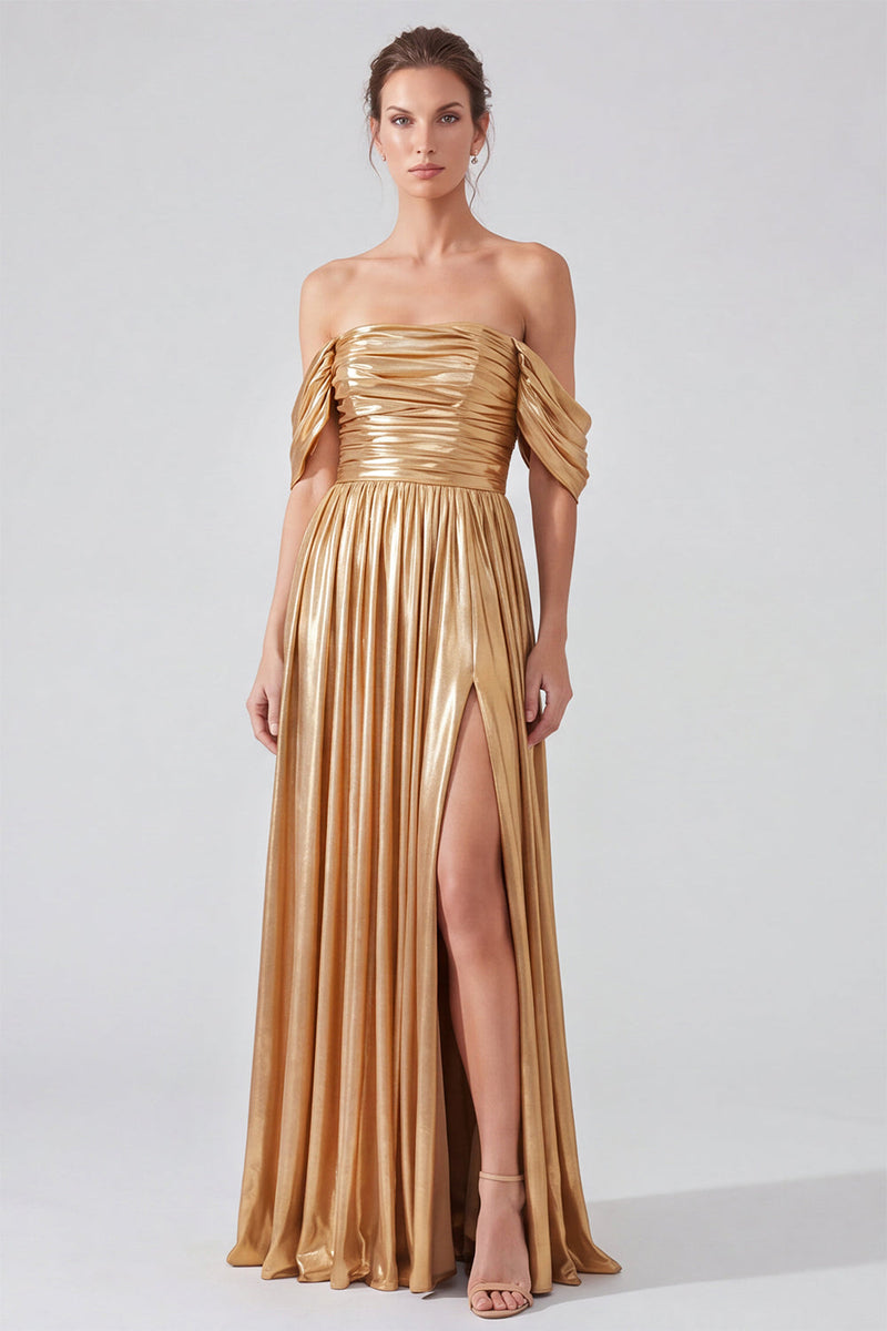 Laden Sie das Bild in den Galerie-Viewer, Schulterfreies Goldfarbenes Metallisches Gerafftes A-Linie Langes Festkleid mit Schlitz