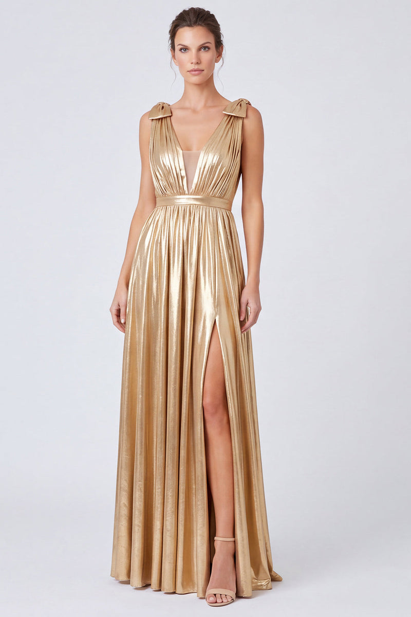 Laden Sie das Bild in den Galerie-Viewer, A-Linie Metallisches Goldenes V-Ausschnitt Langes Festkleid mit Schlitz