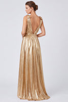 Laden Sie das Bild in den Galerie-Viewer, A-Linie Metallisches Goldenes V-Ausschnitt Langes Festkleid mit Schlitz