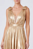 Laden Sie das Bild in den Galerie-Viewer, A-Linie Metallisches Goldenes V-Ausschnitt Langes Festkleid mit Schlitz