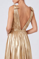 Laden Sie das Bild in den Galerie-Viewer, A-Linie Metallisches Goldenes V-Ausschnitt Langes Festkleid mit Schlitz