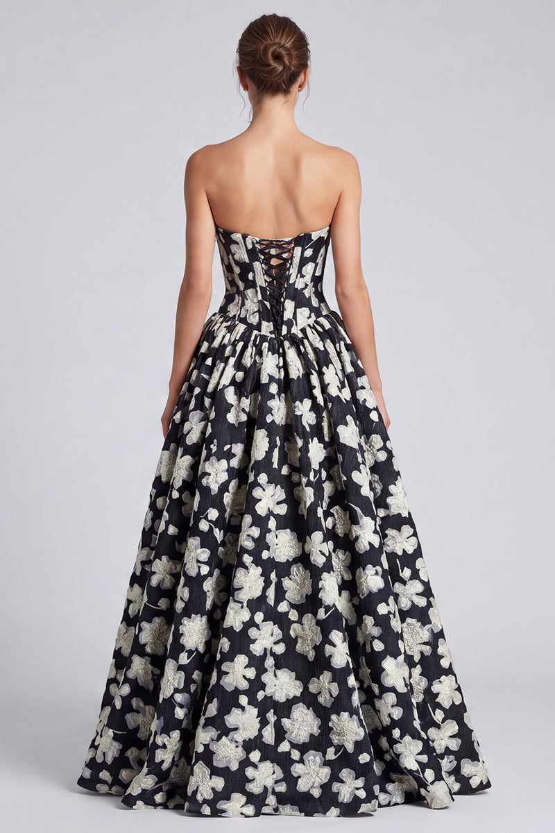 Laden Sie das Bild in den Galerie-Viewer, Schwarzes weißes Blumen A-Linie Sweetheart Korsett Langes Abschlussballkleid mit Schnürung auf dem Rücken
