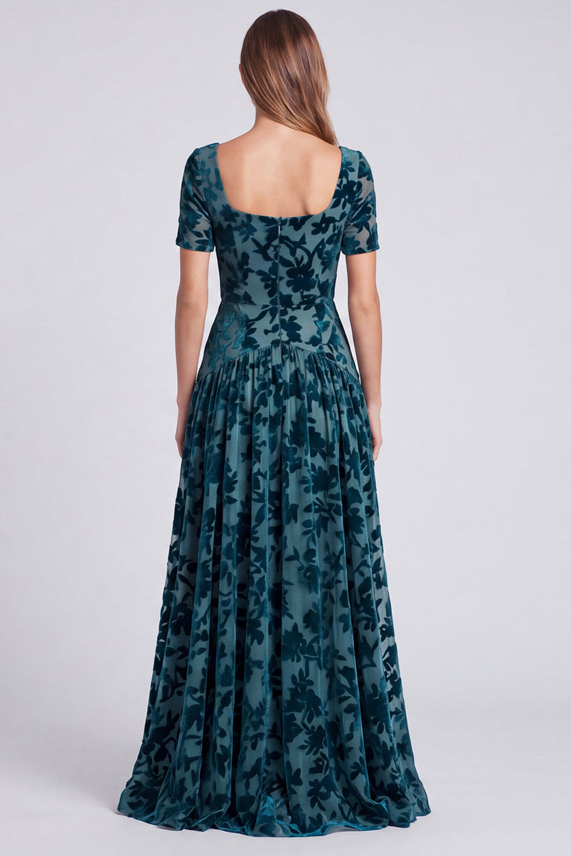 Laden Sie das Bild in den Galerie-Viewer, Pfauenblaues Quadratisches Samt Langes Festliches Kleid mit kurzen Ärmeln