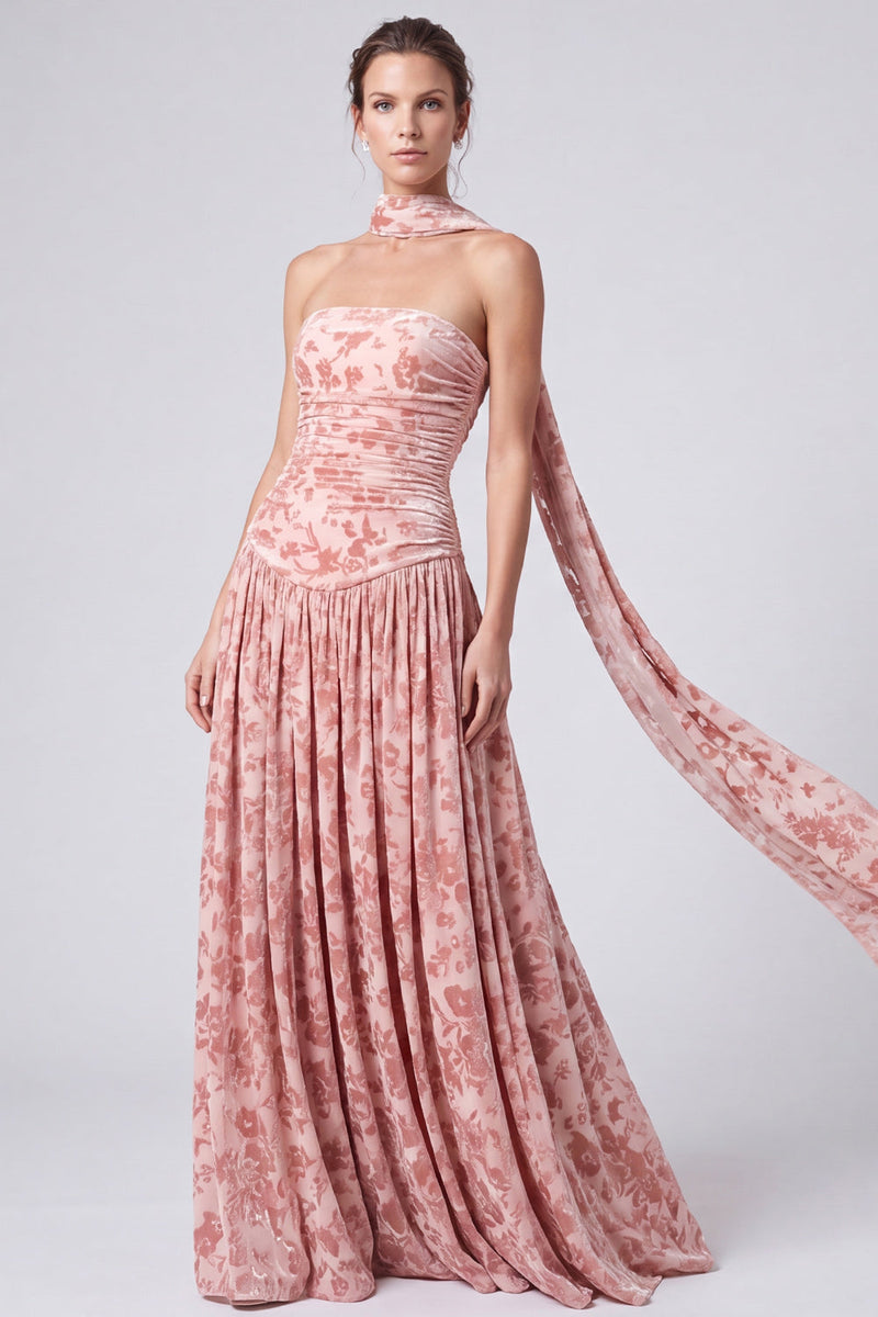 Laden Sie das Bild in den Galerie-Viewer, Rosa Samt A-Linie Trägerloses Gerubbeltes Langes Festliches Festkleid
