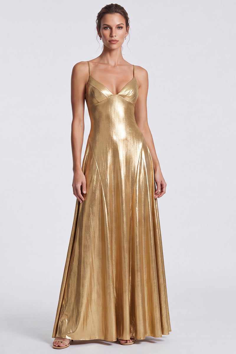 Laden Sie das Bild in den Galerie-Viewer, Gold A-Linie Metallisches Spaghettiträger Langes Abendkleid