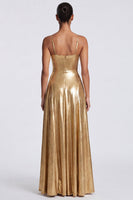 Laden Sie das Bild in den Galerie-Viewer, Gold A-Linie Metallisches Spaghettiträger Langes Abendkleid