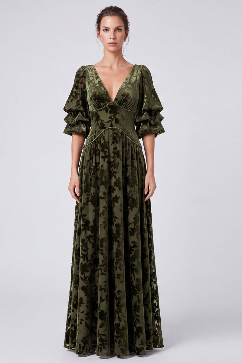 Laden Sie das Bild in den Galerie-Viewer, Olive V-Ausschnitt Samt A-Linie Langes Abendkleid mit Blümen und halbärmeligen