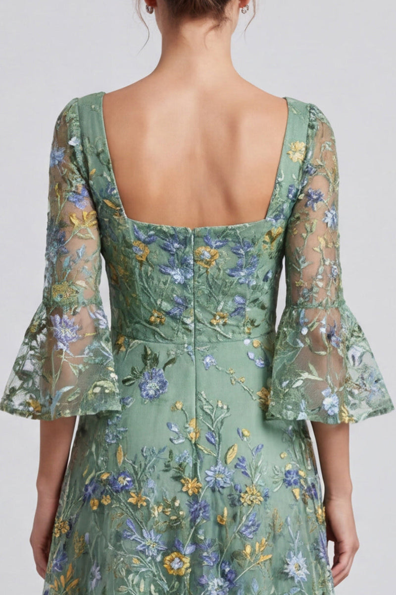 Laden Sie das Bild in den Galerie-Viewer, Staubiges Salbei A-Linie Floral Quadrathals Midi Festkleid mit ausweitenden Ärmeln