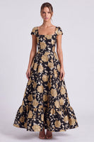 Laden Sie das Bild in den Galerie-Viewer, Schwarz-Gold Blumen A-Linie Quadrathals Langes Festkleid mit Mützenärmeln