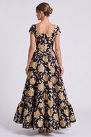 Laden Sie das Bild in den Galerie-Viewer, Schwarz-Gold Blumen A-Linie Quadrathals Langes Festkleid mit Mützenärmeln