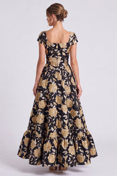 Schwarz-Gold Blumen A-Linie Quadrathals Langes Festkleid mit Mützenärmeln