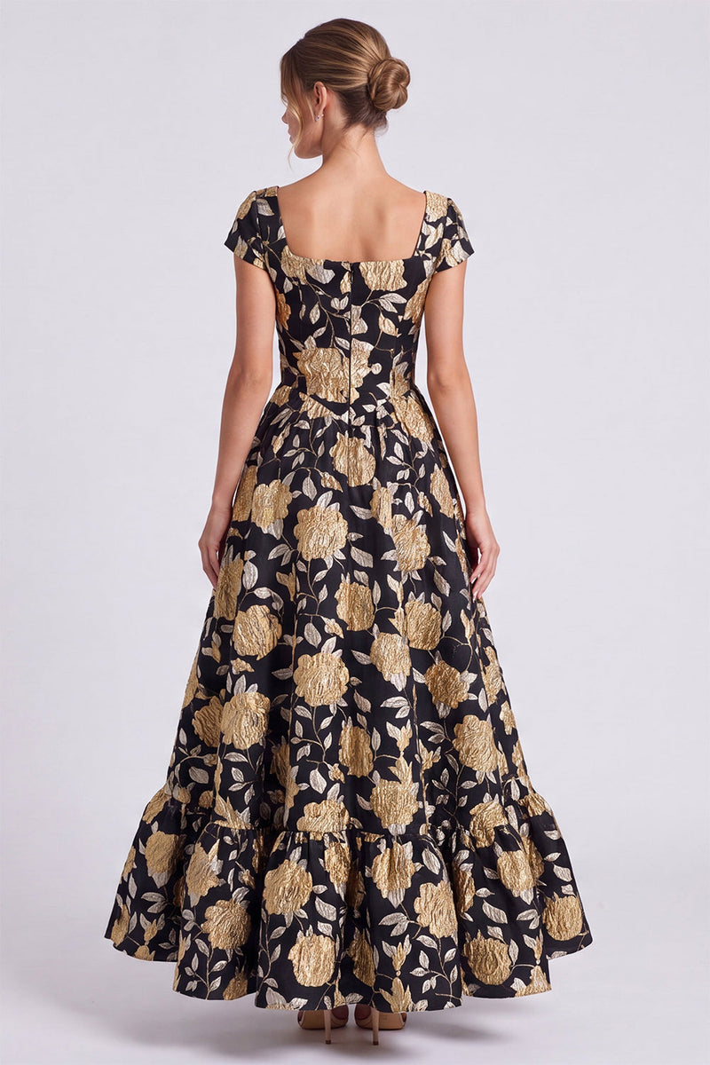 Laden Sie das Bild in den Galerie-Viewer, Schwarz-Gold Blumen A-Linie Quadrathals Langes Festkleid mit Mützenärmeln