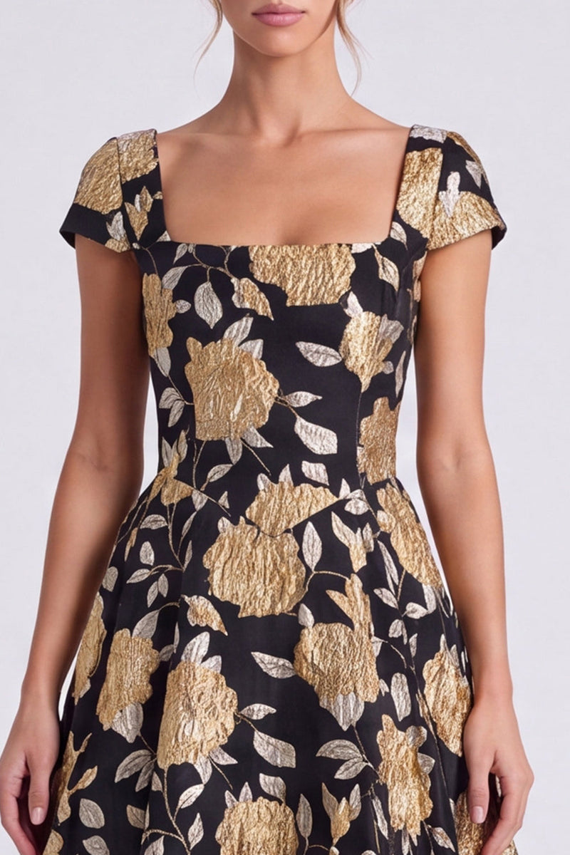 Laden Sie das Bild in den Galerie-Viewer, Schwarz-Gold Blumen A-Linie Quadrathals Langes Festkleid mit Mützenärmeln