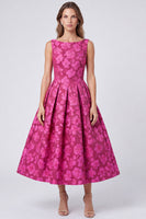 Laden Sie das Bild in den Galerie-Viewer, A-Linie Fuchsia Bateau-Hals Jacquard Rückenfreies Blumen Midi-Kleid