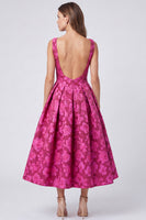 Laden Sie das Bild in den Galerie-Viewer, A-Linie Fuchsia Bateau-Hals Jacquard Rückenfreies Blumen Midi-Kleid