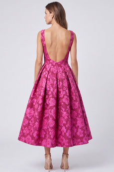 A-Linie Fuchsia Bateau-Hals Jacquard Rückenfreies Blumen Midi-Kleid