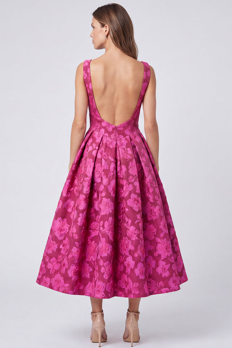 Laden Sie das Bild in den Galerie-Viewer, A-Linie Fuchsia Bateau-Hals Jacquard Rückenfreies Blumen Midi-Kleid