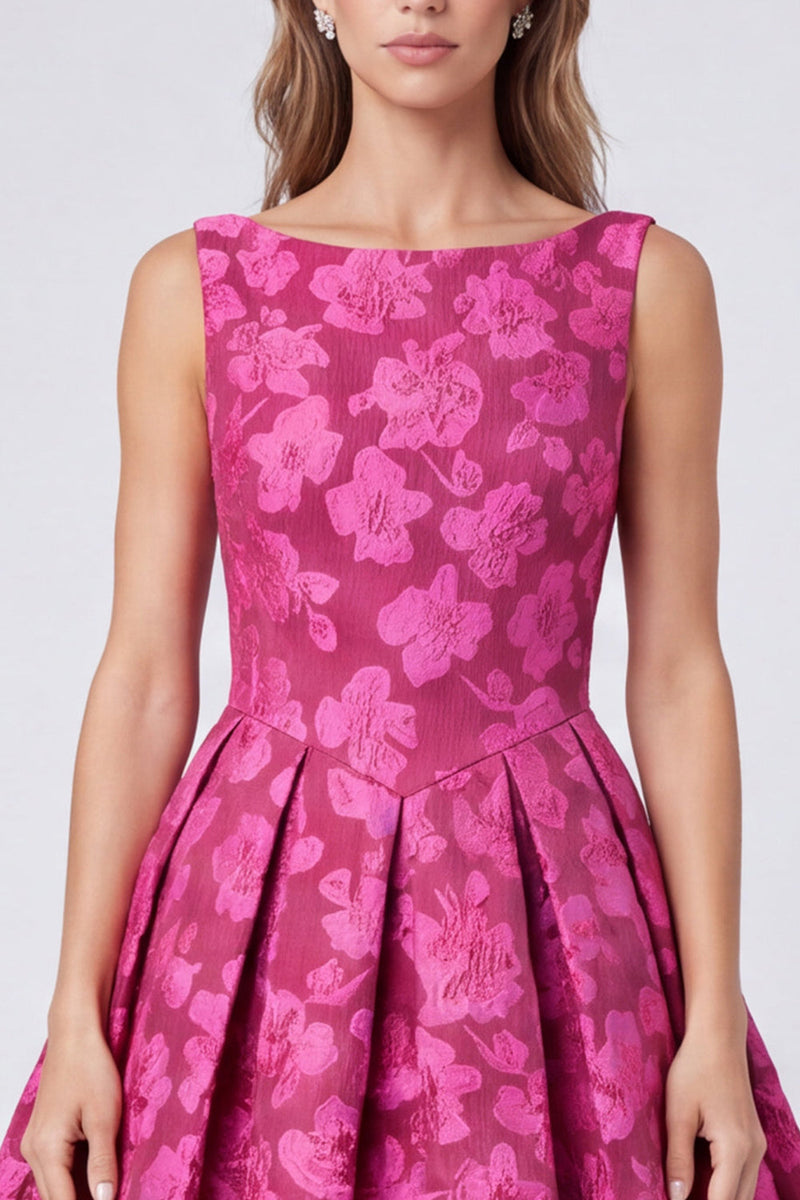 Laden Sie das Bild in den Galerie-Viewer, A-Linie Fuchsia Bateau-Hals Jacquard Rückenfreies Blumen Midi-Kleid