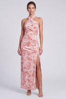 Laden Sie das Bild in den Galerie-Viewer, Rosa Meerjungfrauen Samt Neckholder Maxi Blumenkleid mit Schlitz