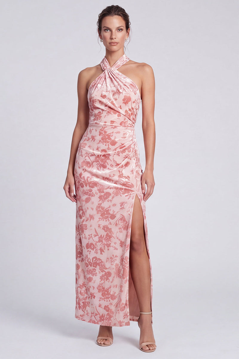 Laden Sie das Bild in den Galerie-Viewer, Rosa Meerjungfrauen Samt Neckholder Maxi Blumenkleid mit Schlitz