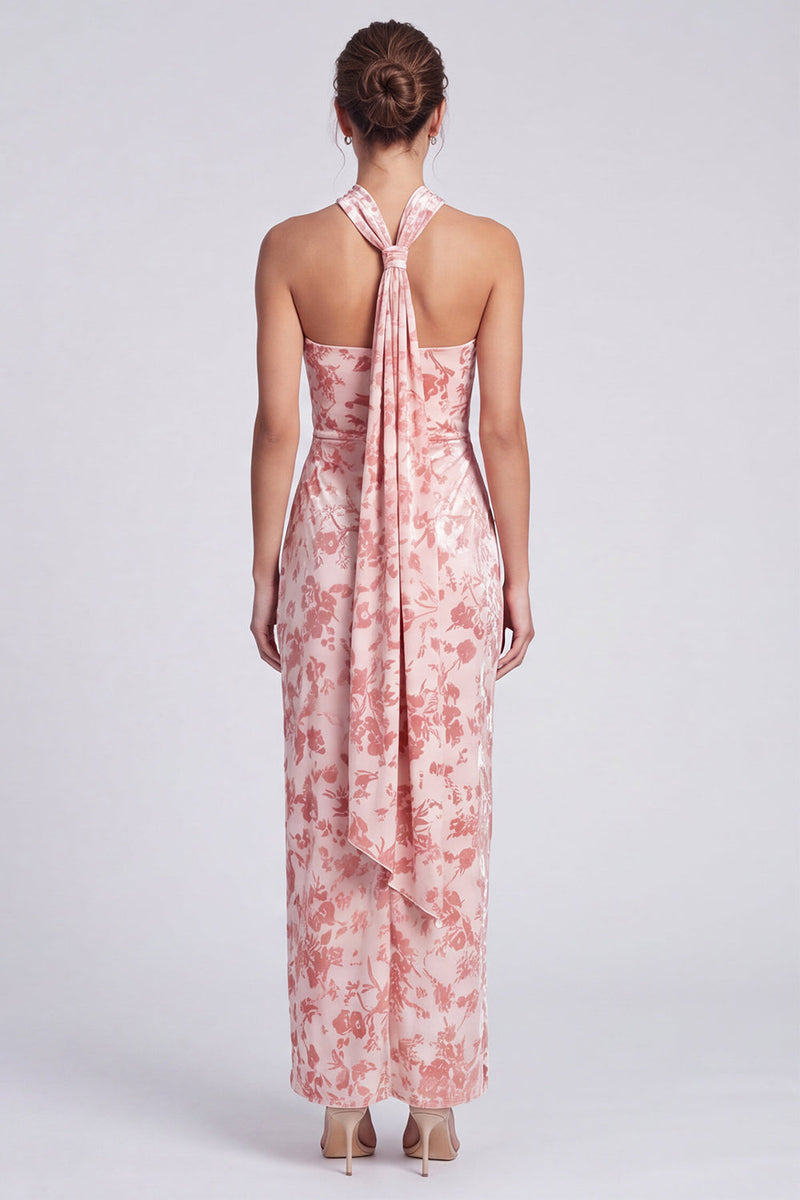 Laden Sie das Bild in den Galerie-Viewer, Rosa Meerjungfrauen Samt Neckholder Maxi Blumenkleid mit Schlitz