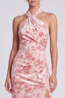 Laden Sie das Bild in den Galerie-Viewer, Rosa Meerjungfrauen Samt Neckholder Maxi Blumenkleid mit Schlitz