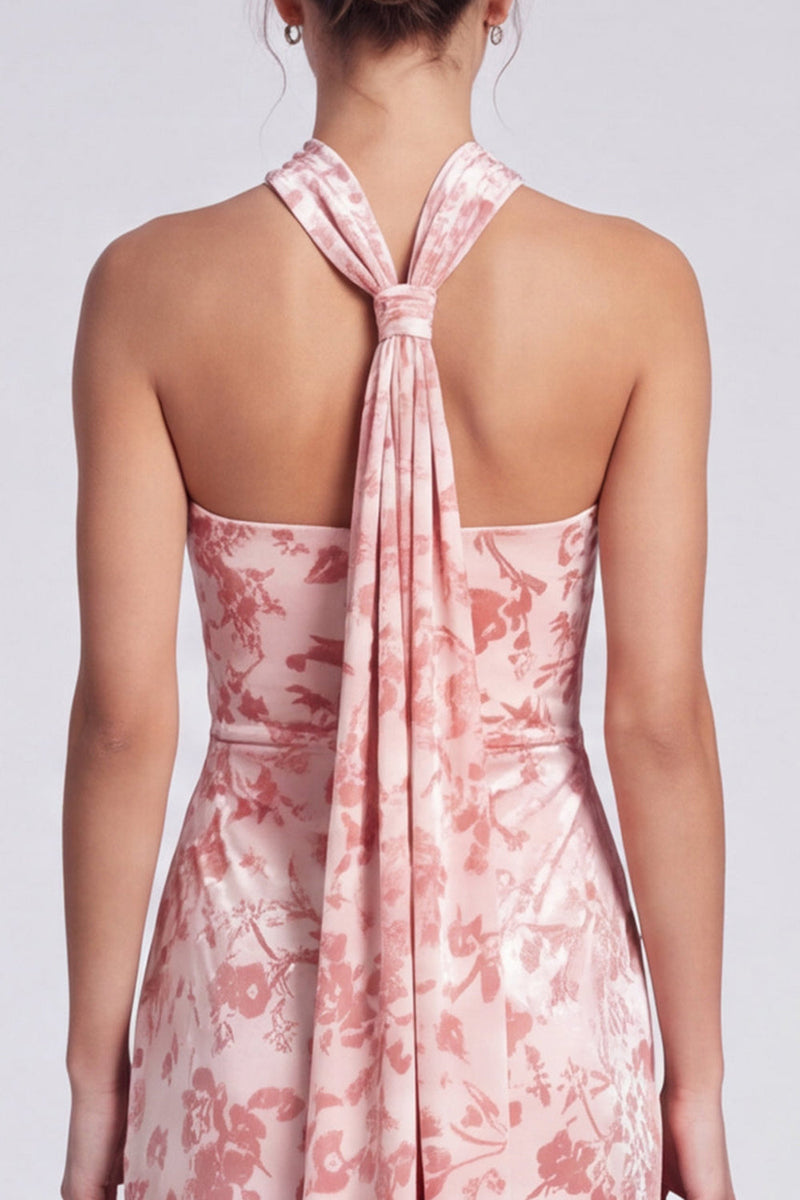 Laden Sie das Bild in den Galerie-Viewer, Rosa Meerjungfrauen Samt Neckholder Maxi Blumenkleid mit Schlitz