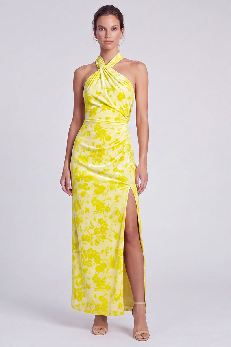 Laden Sie das Bild in den Galerie-Viewer, Rosa Meerjungfrauen Samt Neckholder Maxi Blumenkleid mit Schlitz