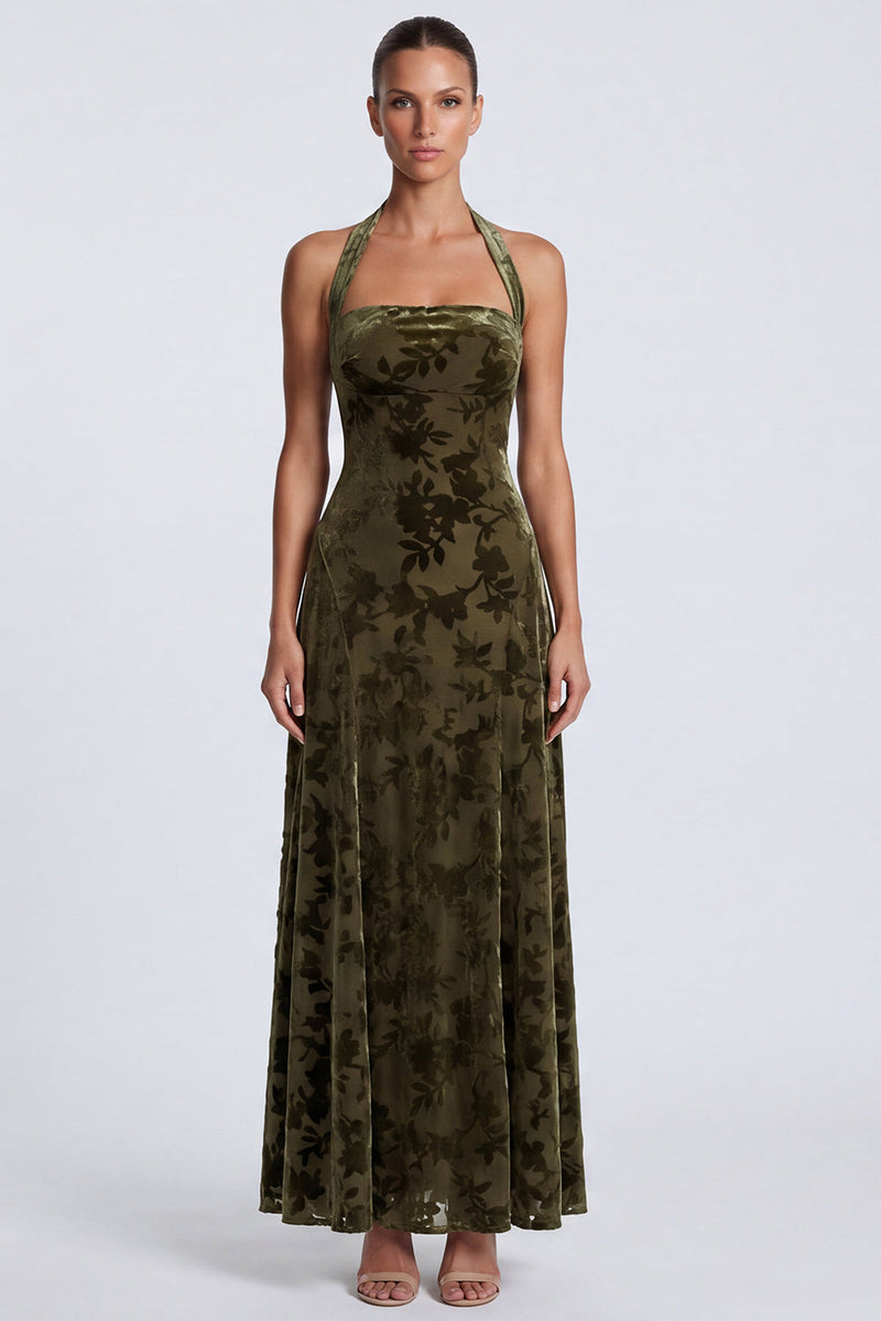 Laden Sie das Bild in den Galerie-Viewer, Halter-Ausschnitt A-Linie Olive Samt Langes Festkleid mit Blumen