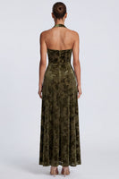 Laden Sie das Bild in den Galerie-Viewer, Halter-Ausschnitt A-Linie Olive Samt Langes Festkleid mit Blumen