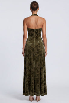 Halter-Ausschnitt A-Linie Olive Samt Langes Festkleid mit Blumen