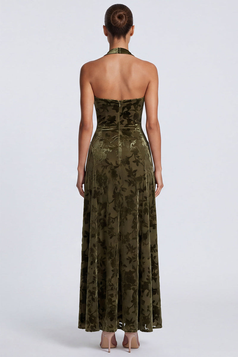 Laden Sie das Bild in den Galerie-Viewer, Halter-Ausschnitt A-Linie Olive Samt Langes Festkleid mit Blumen