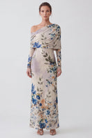 Laden Sie das Bild in den Galerie-Viewer, Elfenbein Einschulteriges Florales Meerjungfrauen Langes Festkleid mit langen Ärmeln