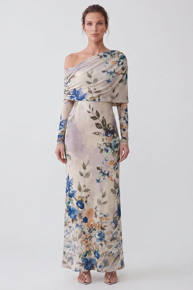 Laden Sie das Bild in den Galerie-Viewer, Elfenbein Einschulteriges Florales Meerjungfrauen Langes Festkleid mit langen Ärmeln