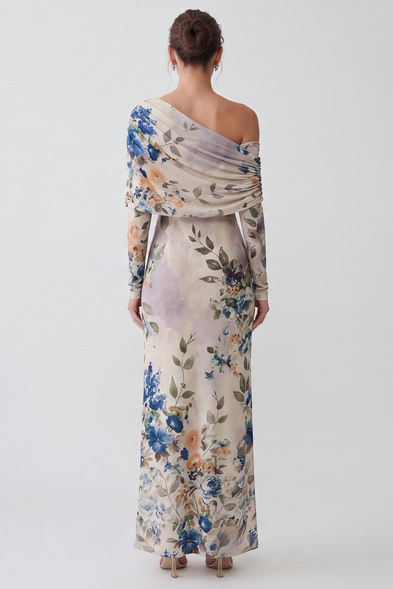 Laden Sie das Bild in den Galerie-Viewer, Elfenbein Einschulteriges Florales Meerjungfrauen Langes Festkleid mit langen Ärmeln