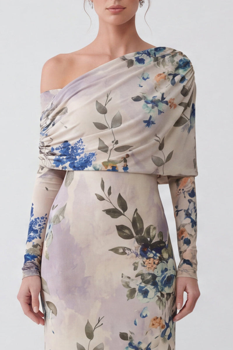 Laden Sie das Bild in den Galerie-Viewer, Elfenbein Einschulteriges Florales Meerjungfrauen Langes Festkleid mit langen Ärmeln