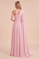 Laden Sie das Bild in den Galerie-Viewer, Hellrosa A-Linie Einschulterig Gerafftes Chiffon Maxikleid mit Umhang