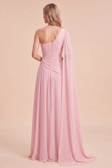 Hellrosa A-Linie Einschulterig Gerafftes Chiffon Maxikleid mit Umhang