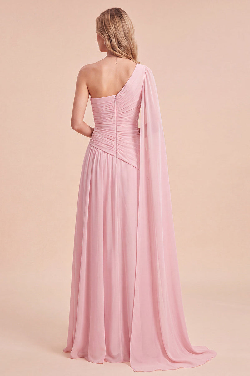 Laden Sie das Bild in den Galerie-Viewer, Hellrosa A-Linie Einschulterig Gerafftes Chiffon Maxikleid mit Umhang
