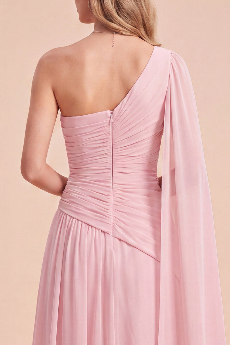 Laden Sie das Bild in den Galerie-Viewer, Hellrosa A-Linie Einschulterig Gerafftes Chiffon Maxikleid mit Umhang