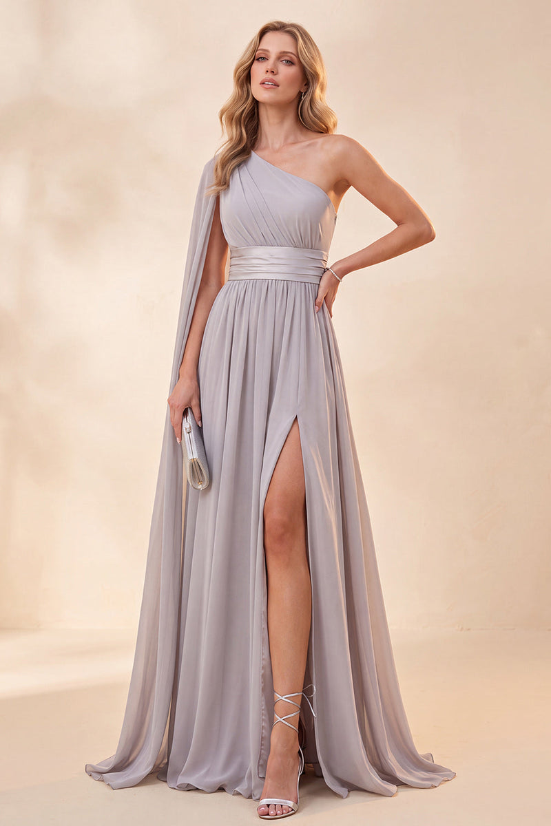 Laden Sie das Bild in den Galerie-Viewer, Einschulteriges Hellgraues A-Linie Chiffon Maxi-Kleid mit Schlitz