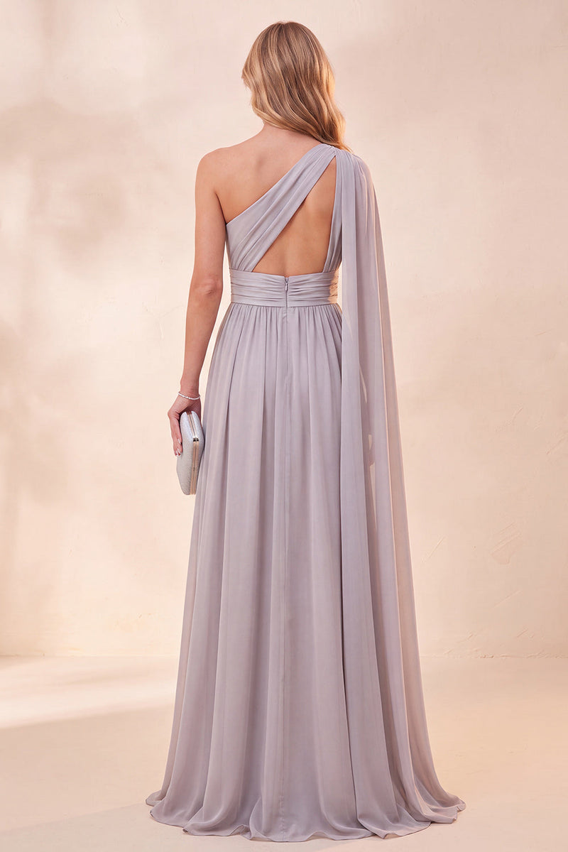 Laden Sie das Bild in den Galerie-Viewer, Einschulteriges Hellgraues A-Linie Chiffon Maxi-Kleid mit Schlitz