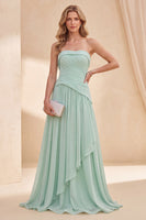 Laden Sie das Bild in den Galerie-Viewer, Trägerloses Mintgrünes A-Linie Chiffon Gerafftes Maxi-Kleid