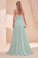 Laden Sie das Bild in den Galerie-Viewer, Trägerloses Mintgrünes A-Linie Chiffon Gerafftes Maxi-Kleid