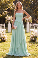 Laden Sie das Bild in den Galerie-Viewer, Trägerloses Mintgrünes A-Linie Chiffon Gerafftes Maxi-Kleid