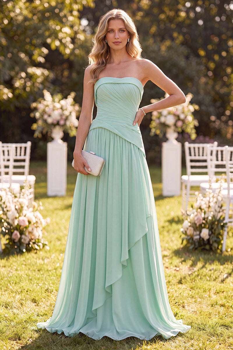 Laden Sie das Bild in den Galerie-Viewer, Trägerloses Mintgrünes A-Linie Chiffon Gerafftes Maxi-Kleid