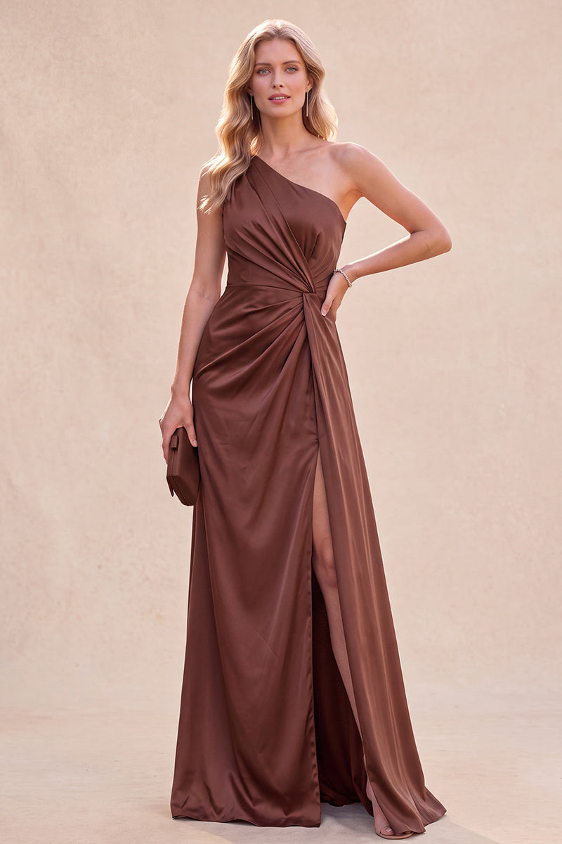 Laden Sie das Bild in den Galerie-Viewer, Schokoladen Einschulter Meerjungfrauen Maxikleid mit Schlitz